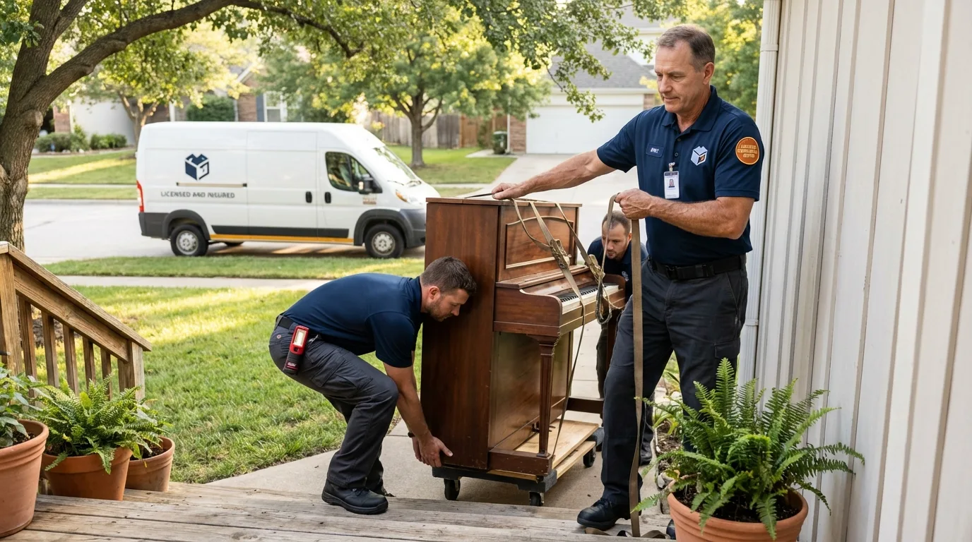 Licensed piano movers securing grand piano in Machiasport, ME