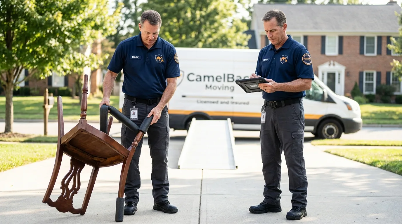 Movers inspecting furniture for damage prevention before loading in Machiasport, ME
