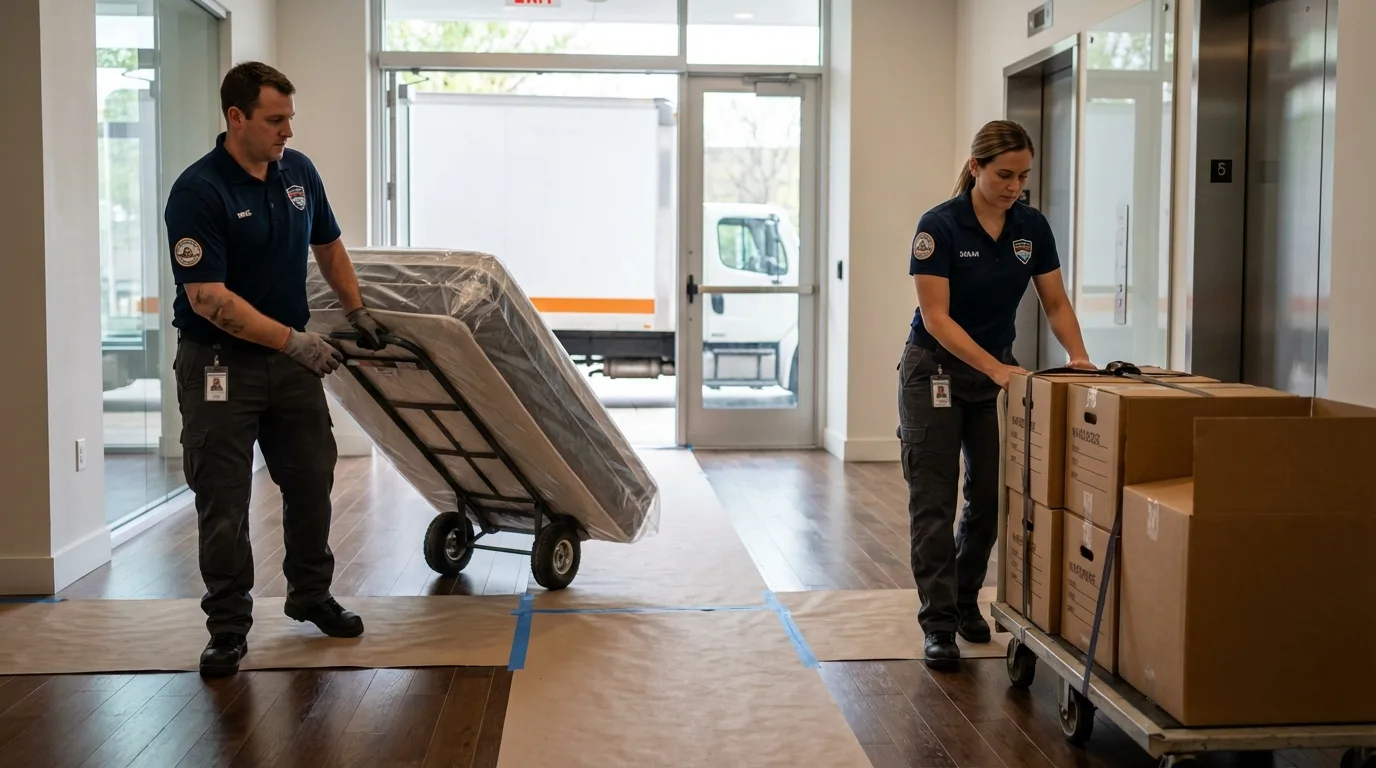 Professional apartment movers loading elevator in Machiasport, ME