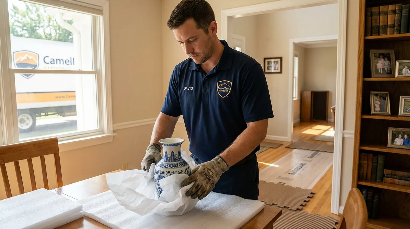 Professional crew carefully wrapping antique vase for senior downsizing move in Machiasport, ME
