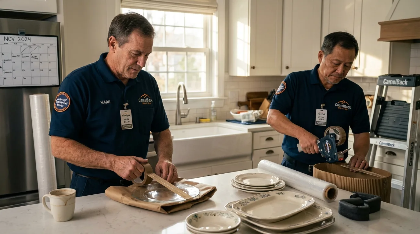 Professional crew packing kitchen dishware in Machiasport, ME